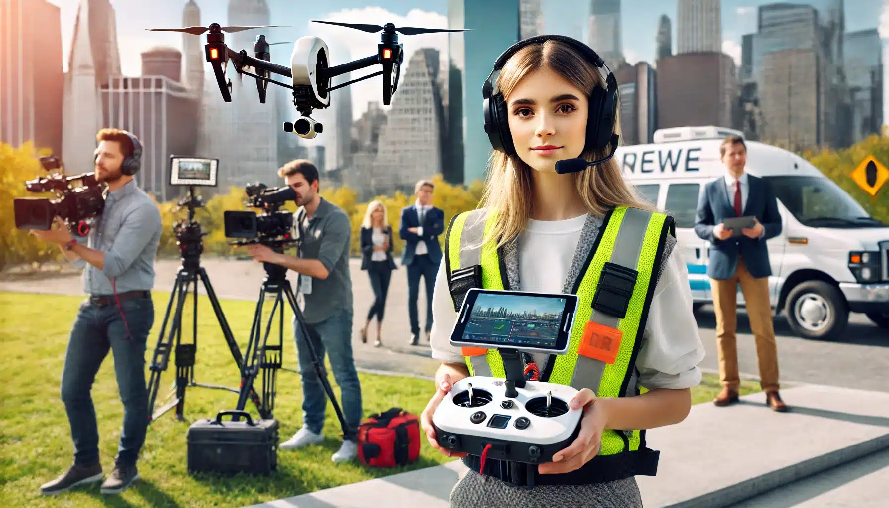 une pilote de drone en formation dans le secteur du média et de la communication