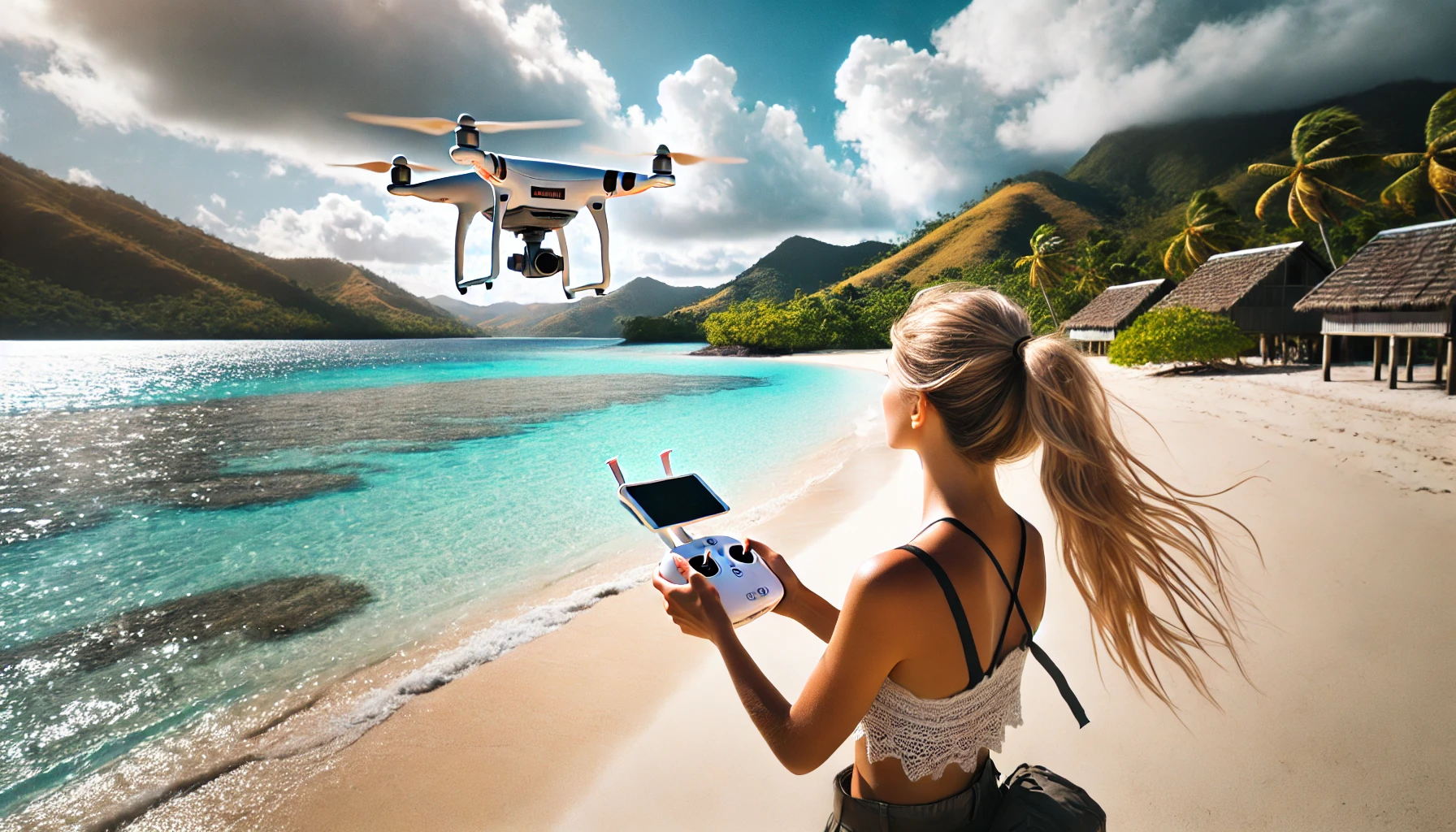 une femme blonde pilotant un drone sur une plage magnifique