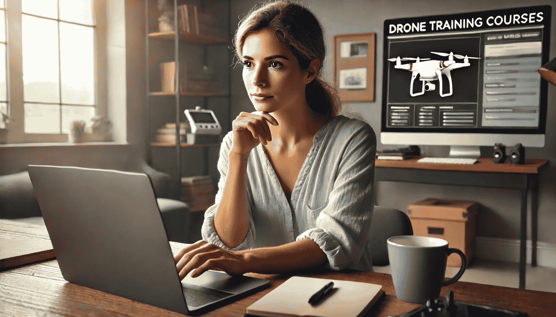 une jeune femme blonde qui recherche une formation drone sur son ordinateur