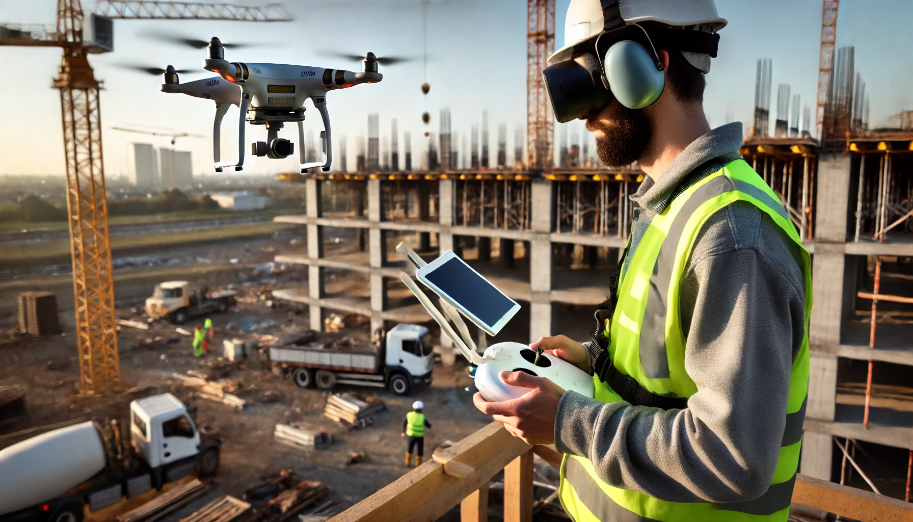 un pilote de drone sur un chantier qui relève des informations grâce à la photogrammétrie