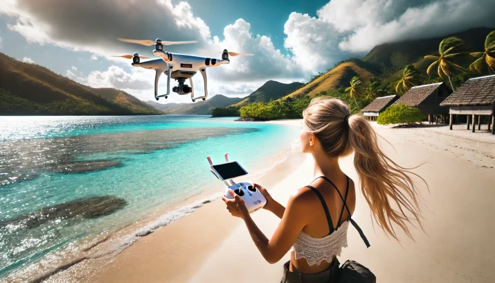une femme blonde pilotant un drone sur une plage magnifique